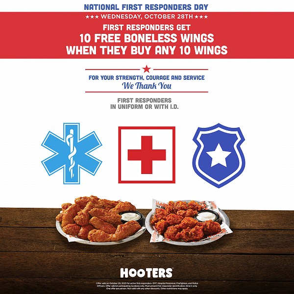Hooters Honors First Responders with “Buy 10, Get 10” Offer on October 28