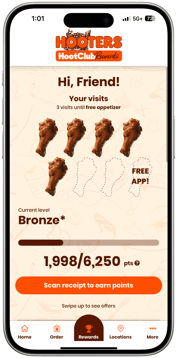 A view of the HootClub Rewards app on an iPhone
