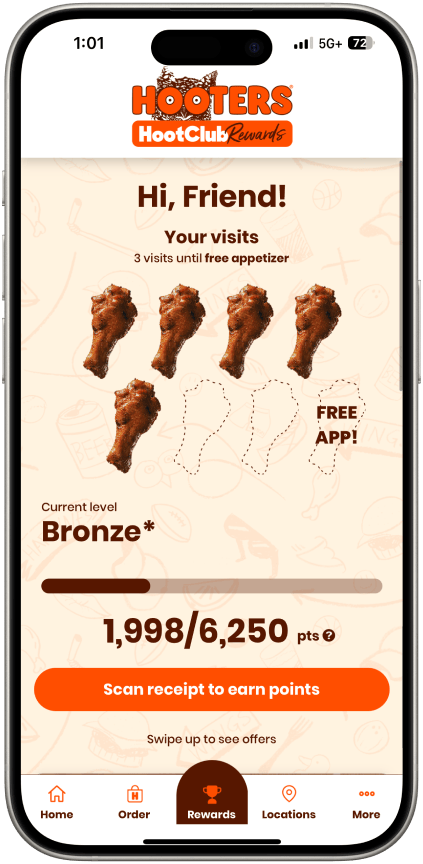 Screenshot of the HootClub Rewards app on a phone