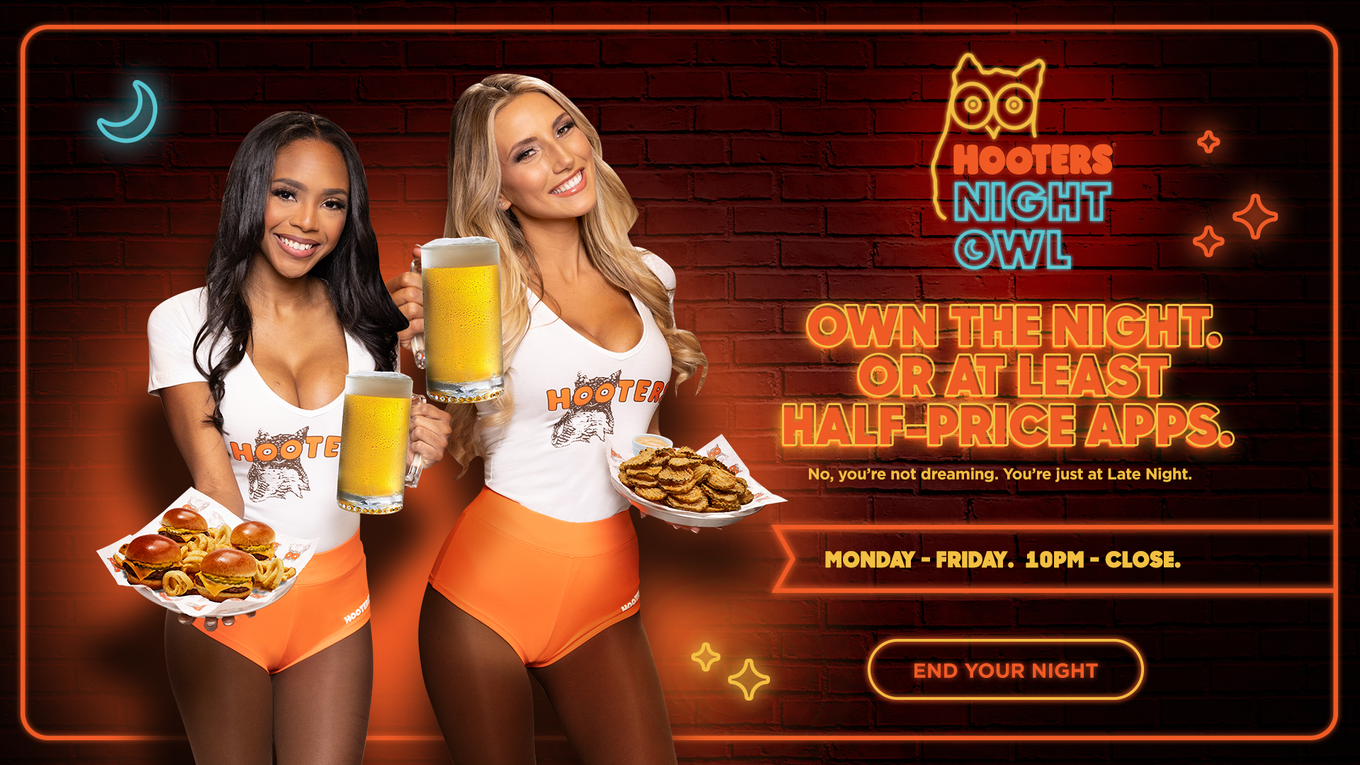 Hooters Night Owl. Own the night. Or at least half-price apps.