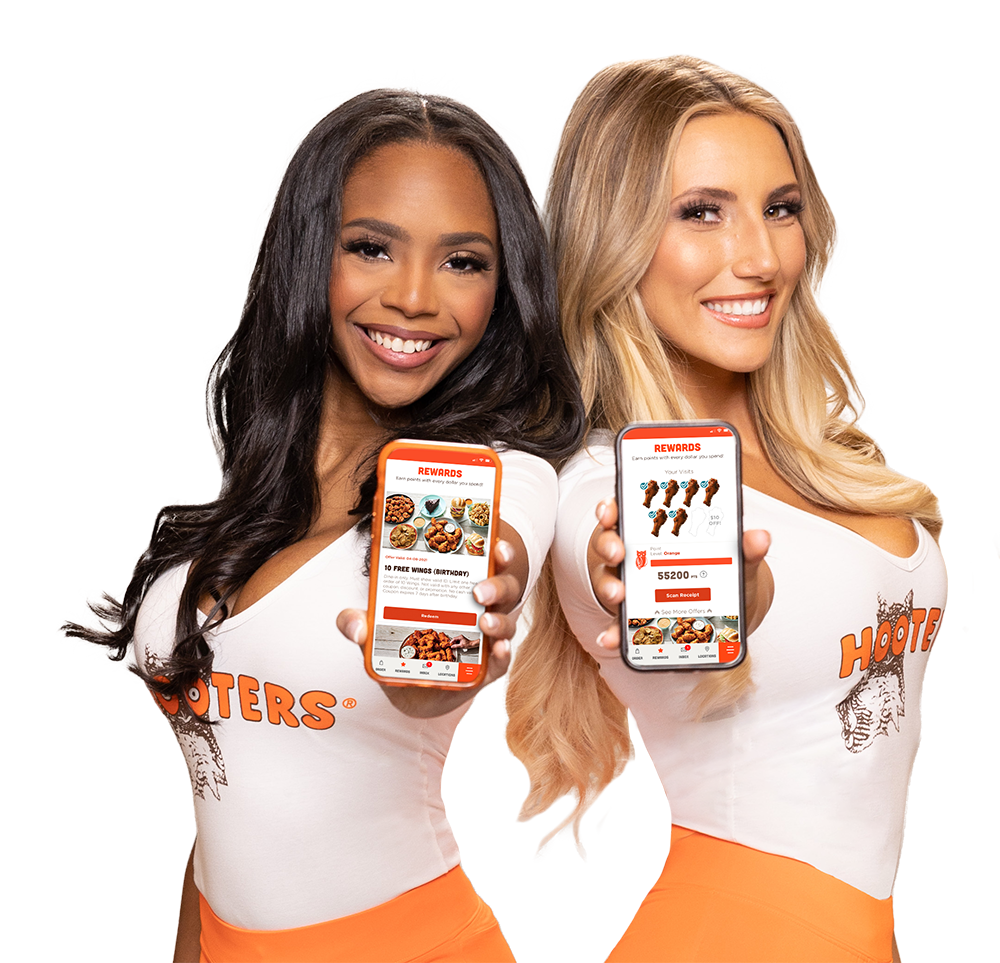 Hooters girls holding mobile phones with the HootClub Rewards app on the screen